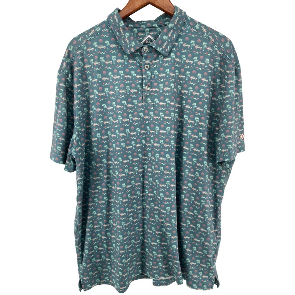 Burlebo Polo Shirt Mens XL Teal Tropical Palm Tree Off-Road Vehicle Performance